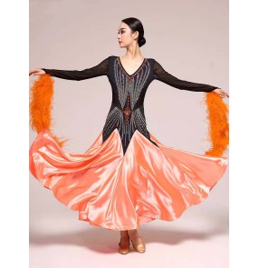 Custom size orange feather flowy competition ballroom dance dresses for women girls gemstones waltz tango flamenco foxtrot smooth dance long gown for female